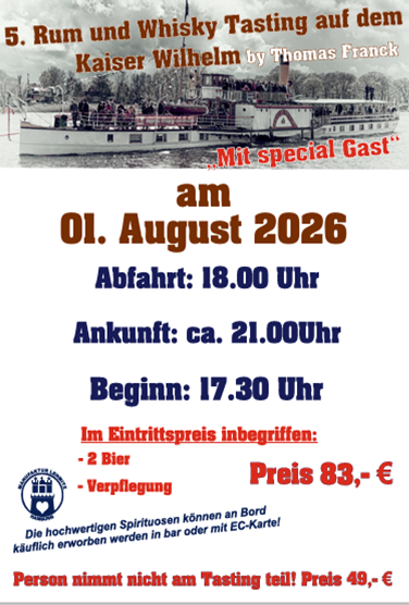 Rum & Whisky Tasting am 1.8 von 18:00 bis 21:00 Uhr, Preis 83,00 € inkl. 2 Bier und Verpflegung